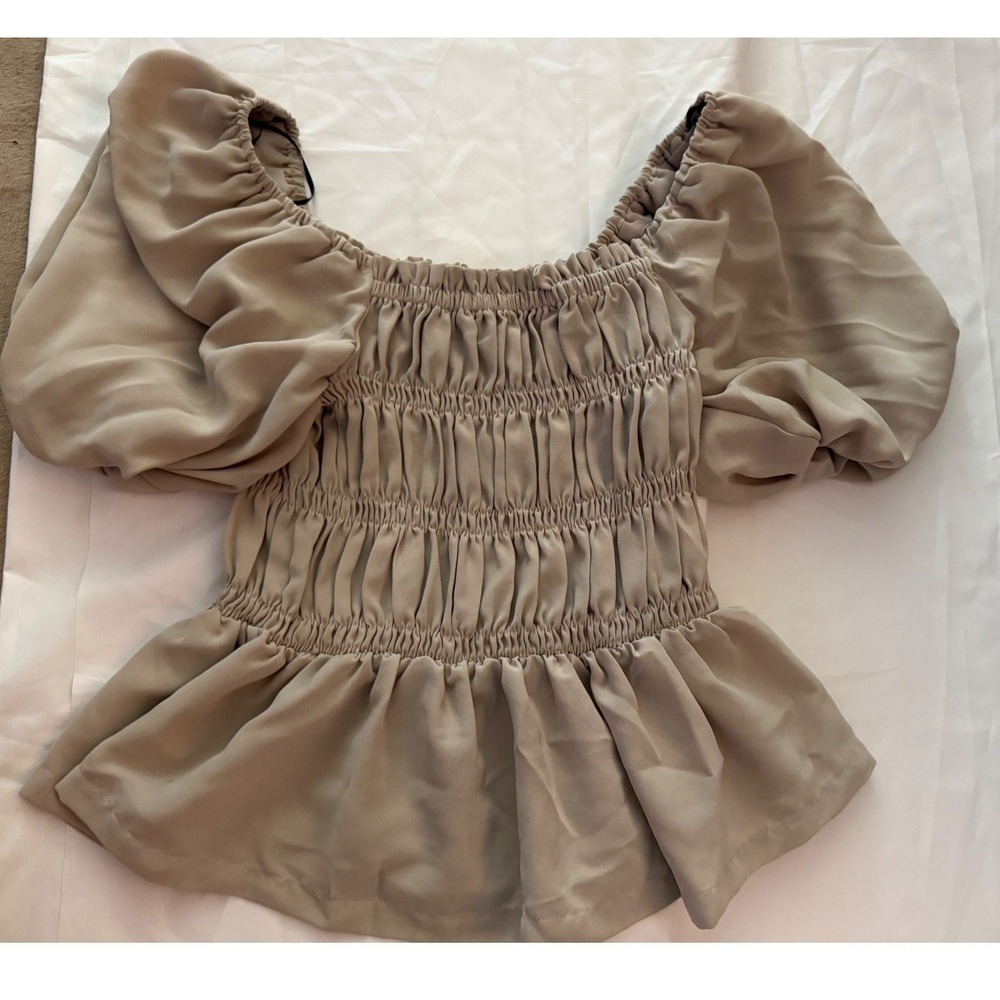 RO&DE Smocked Peplum Top Taupe Beige Puff Sleeve Square Neck Blouse Medium